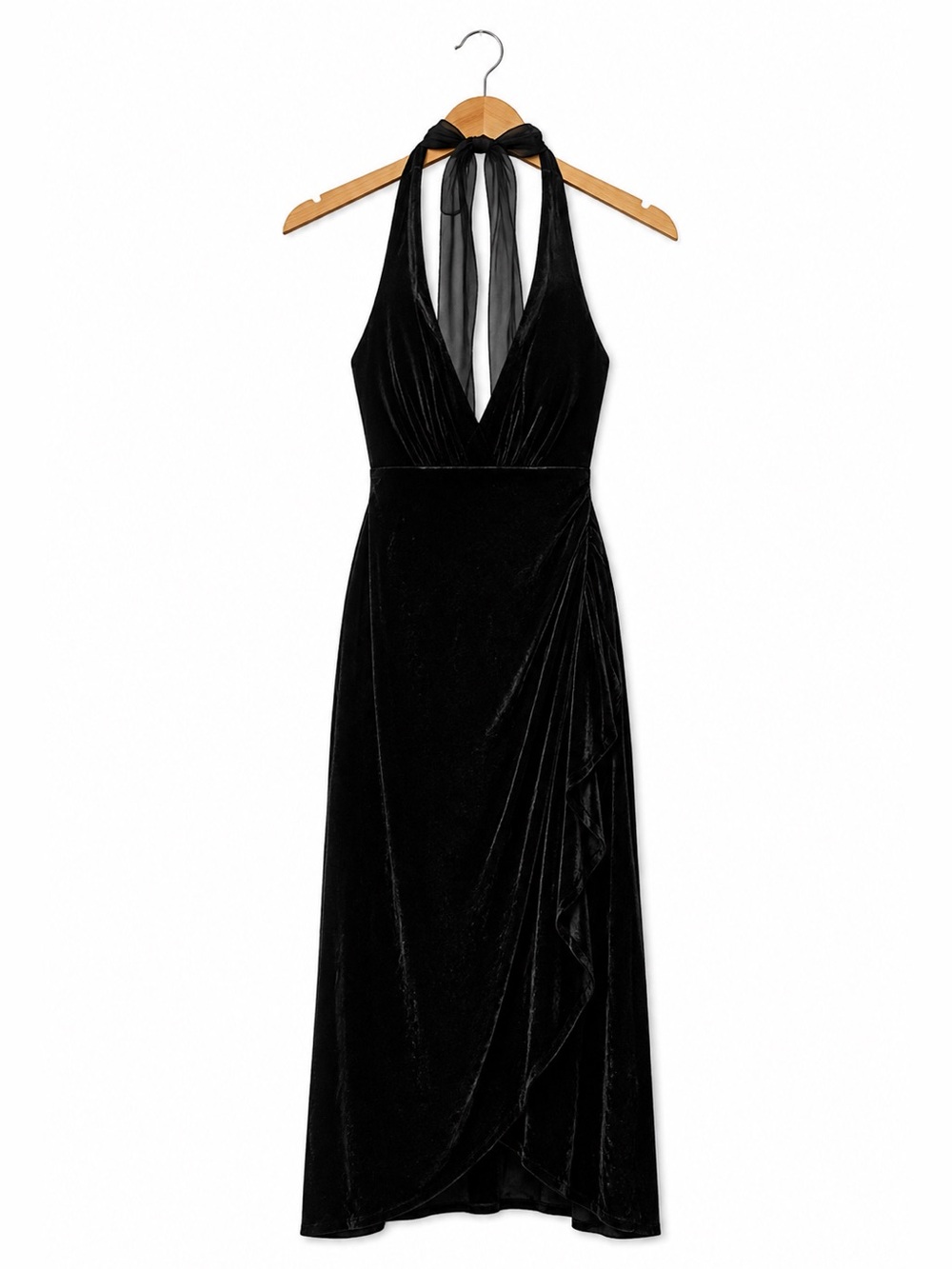 Jones New York Black Velvet Halter Midi Dress Size 4 Silk Blend